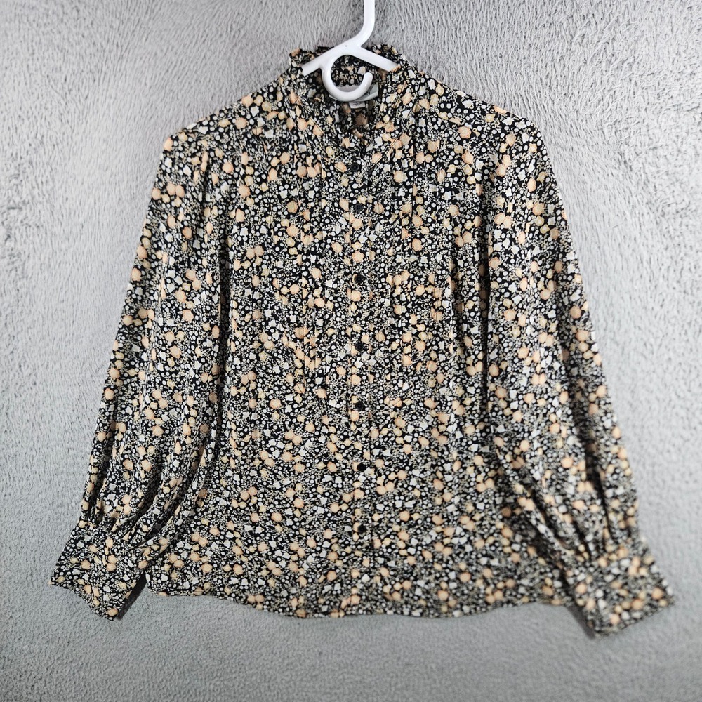 Nili Lotan x Target Women Black Floral Ruffle Neck Button Up Blouse Large